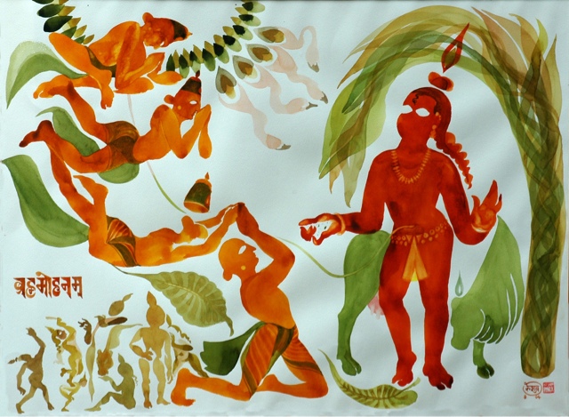 Krishna for today: the surrender of Brahma. Water colour. Keshav
