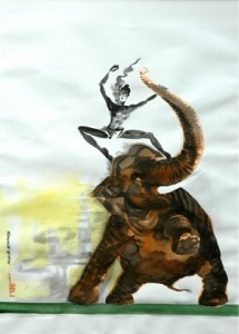 Krishna vanquishes Kuvalayapeedam. Chinese brush, watercolour. 