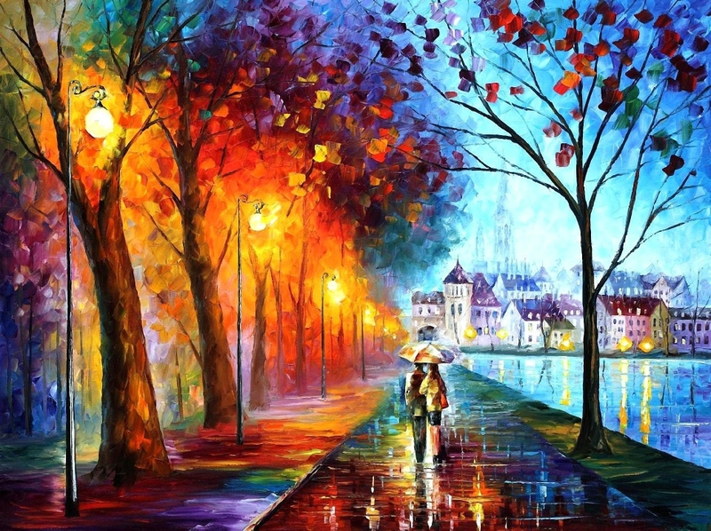 trees cityscapes rain houses couple leonid afremov artwork parks umbrellas rivers_www.wallpaperhi.com_55