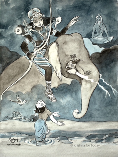 171219 -tiruppavai 04_lr -24x32cms -(Andal appeals to the Krishna, the Lord of Varuna, to shower bountiful rains. Reference also to the Acharya, akin to the rain bearing cloud, not to hold back anything that they can explain.-Uthamur swami.)