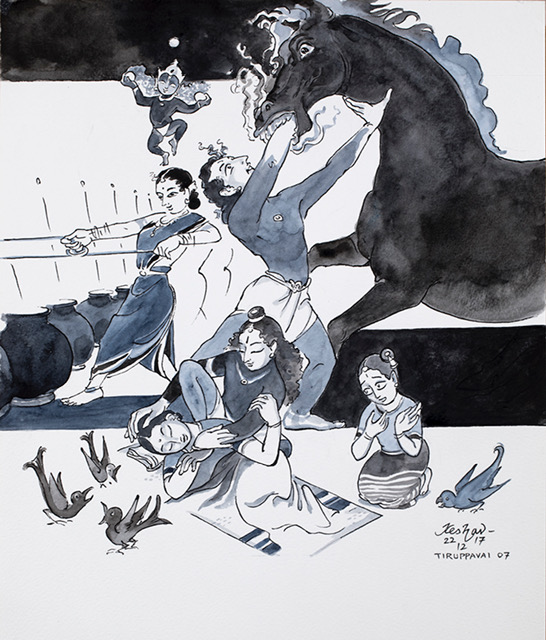 171222 - Tiruppavai 07 -lr -wacol -24x32cms Keechu, Keechendru… wake up, O friend, you’re glowing in Krishna anubhava — Come you should lead us by singing the glories of Keshava, the Lord who killed the asura Keshi.