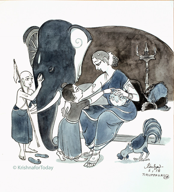 180102 -Tiruppavai 18- lr Purushakaratva .watercolour KrishnaforToday- seeking the recommendation to attain the supreme goal of Krishna through his consort. The guru is the mahout, where the elephant, happy to be under his control, gives the chain to bind himself with.