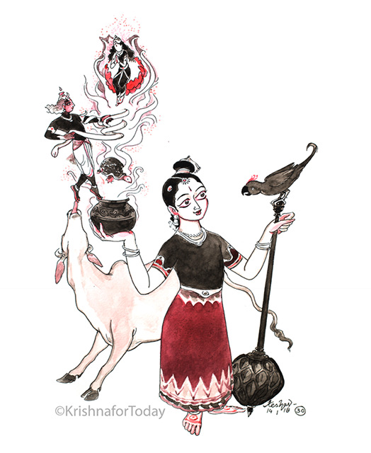 180114 - Tiruppavai 30 - vangak kadal kadaintha -Phalashruti -The churning of the milky ocean and the essence of the verses of Tiruppavai. watercolour -lr