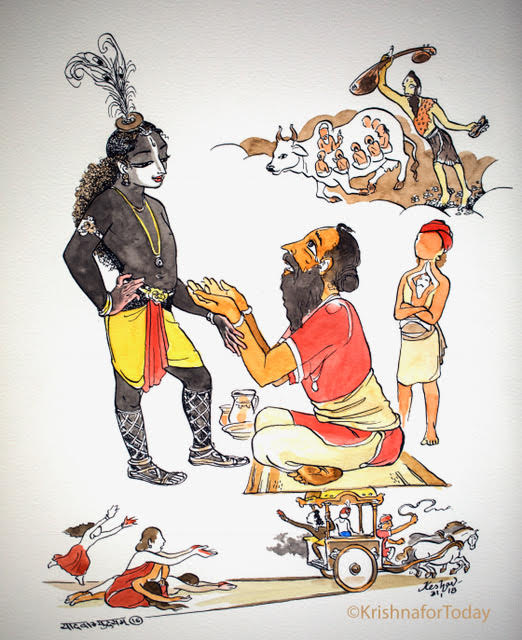 180131 -Yadavabhyudayam 16 — Akrura gets darshan of Krishna. It appeared that Narada was singing the glory of Krishna through sAmagana and the cows, seemed like the vedas, smelling his feet. Akrura extolls Krishna. The cowherds including Nanda leave for Mathura on Kamsa’s orders. The gopikas were in a state of grief of separation.