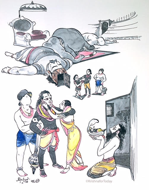 180201 - Yadava 17 Vasudev-lr. Krishna kills kamsa and releases Ugrasena (Viveka-or discrimination) from MahaMoha (the great delusion). Then he meets his parents Devaki and Vasudeva. Vasudeva extolls Krishna as the Supreme one.